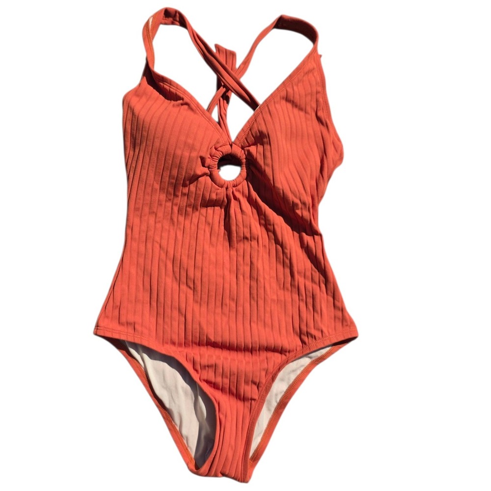 Kona Sol Small Ribbed One-Piece Swimsuit Cut Out Tie Back Orange Swimwear